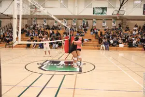 A volleyball player spikes the ball during a match in a gymnasium with spectators.