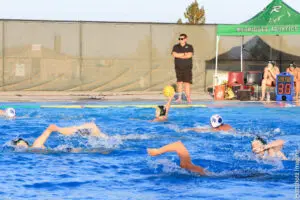 Water polo players compete intensely in a pool, with a referee observing.