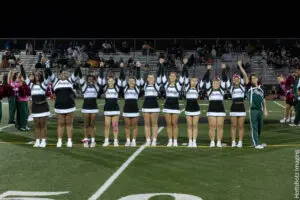 A line of cheerleaders standing on a football field with hands on hips.