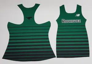 Green and black striped sports tank top with name and number.