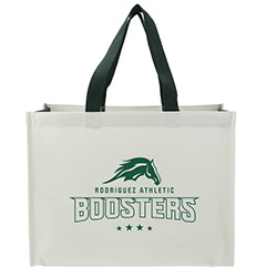 White tote bag with black handles and Roadrunners Boosters logo.