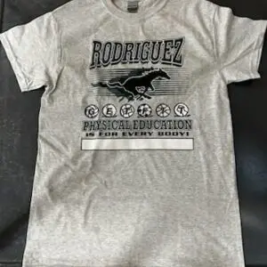 Gray t-shirt with a Rodriguez Motors logo and vintage car graphic.