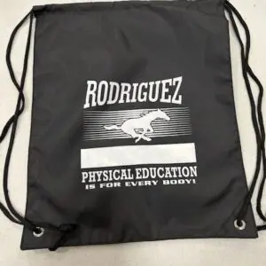 Black drawstring bag with 'Rodriguez Physical Education' and a horse graphic.