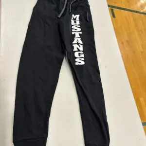 Black sweatpants with 'MUSTANGS' printed vertically in white on one leg.