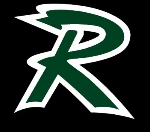 Stylized green and white letter R logo on black background.