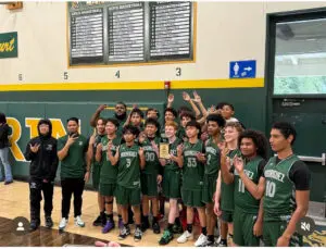Youth basketball team posing together in a gym, celebrating a win.
