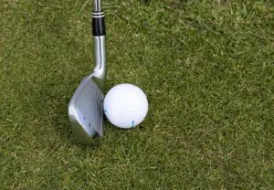 Golf club positioned next to a golf ball on green grass.