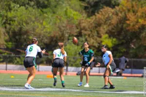 Youth football players on a field during a game, one preparing to catch the ball.