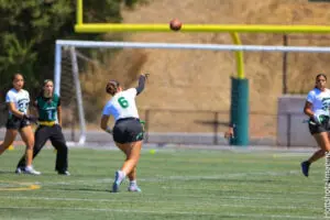 Female soccer player kicking the ball on a sunny field.
