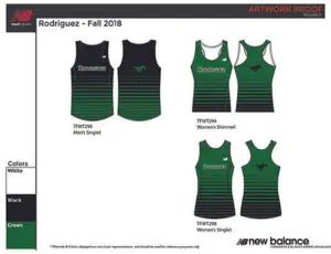 Green and black gradient sports tank tops with team names and logos.