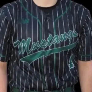 Person wearing Mustangs pinstripe baseball jersey