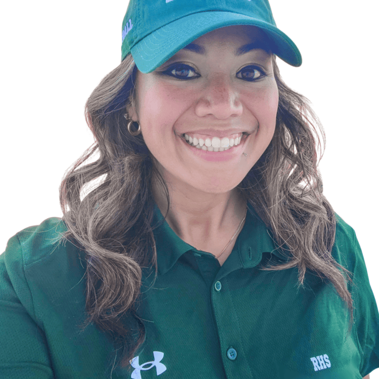 Smiling woman in green cap and shirt