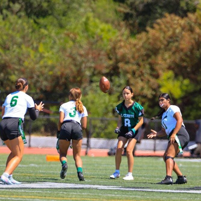 Youth football players on a field during a game, one preparing to catch the ball.